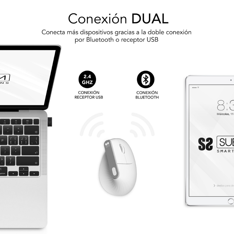 RATON OPTICO DUAL NATURE VERTICAL ERGO DUAL BATERIA BLANCO SUBBLIM
