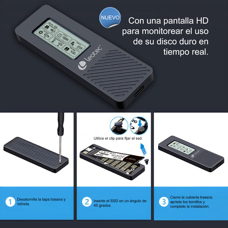 CAJA EXTERNA SSD M.2 NVMe CON PANTALLA LCD NEGRO LEOTEC